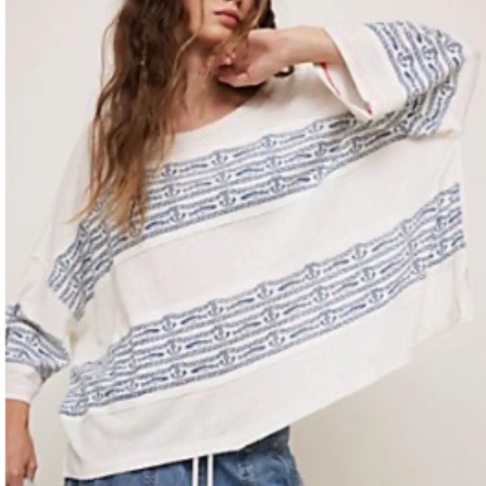 FREE PEOPLE HIGH SEAS TOP LARGE WHITE BLUE COMBO - Picture 3 of 4